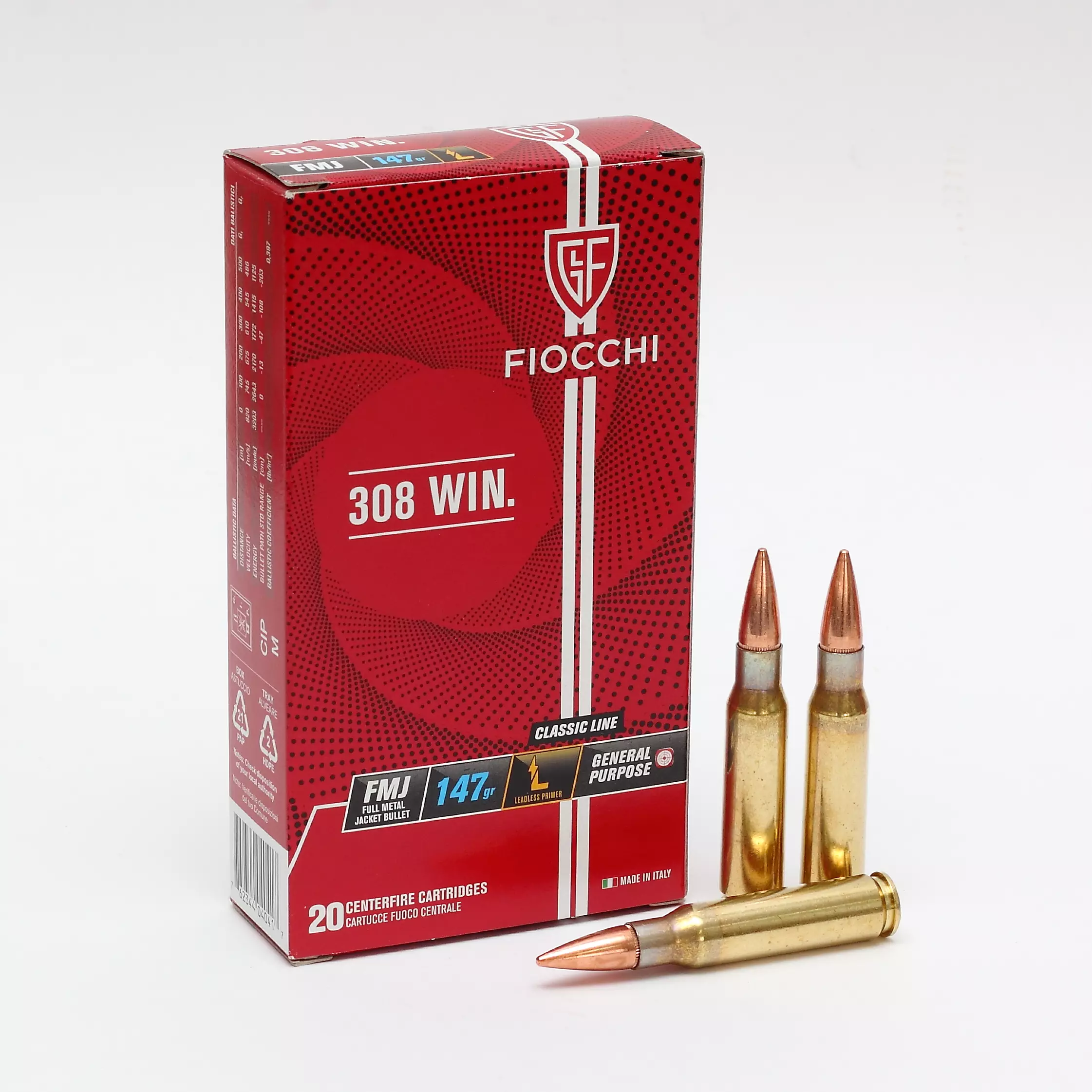 Cx 20 Munições Fiocchi FMJ 147gr 308Win.