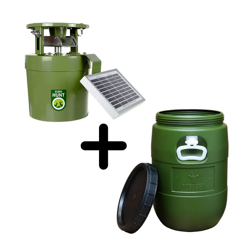 Conjunto Barrica ROEDEER 30Lt. + Distribuidor EUROHUNT Automático 6V